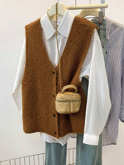 INAWLY Plus Size Solid Color Minimalist Sleeveless Sweater Vest