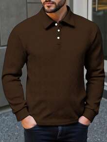 Manfinity Mode Áo thun polo tay dài cổ cài nút màu trơn thường ngày cỡ lớn dành cho nam - Cà phê nâu - Xem 3