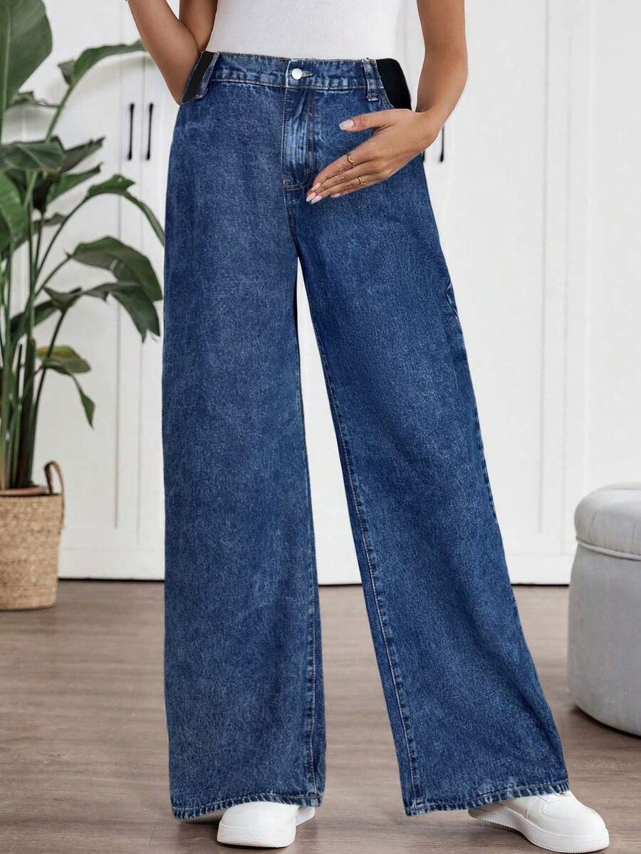 SHEIN 孕妇休闲水洗阔腿牛仔裤 - 深色水洗藍 - 查看 1