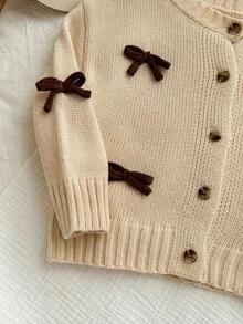 SHEIN Apricot Bowknot Cardigan, Cute & Versatile For Baby Girls, Autumn/Winter - Khaki - View 7