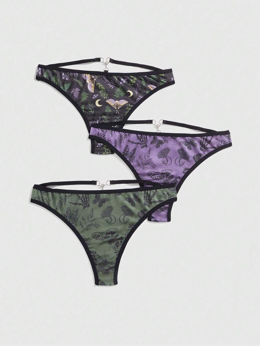 ROMWE Bộ 3 quần lót họa tiết hoa bướm bằng nhựa và kim loại Gothic cỡ lớn - Nhiều màu - Xem 1