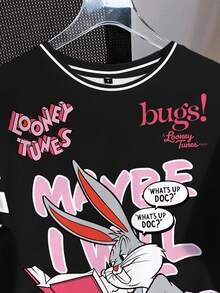 LOONEY TUNES X SHEIN 女式休闲时尚街头卡通兔子与口号图案撞色条纹短袖 T 恤，夏季 - 白色 - 查看 4