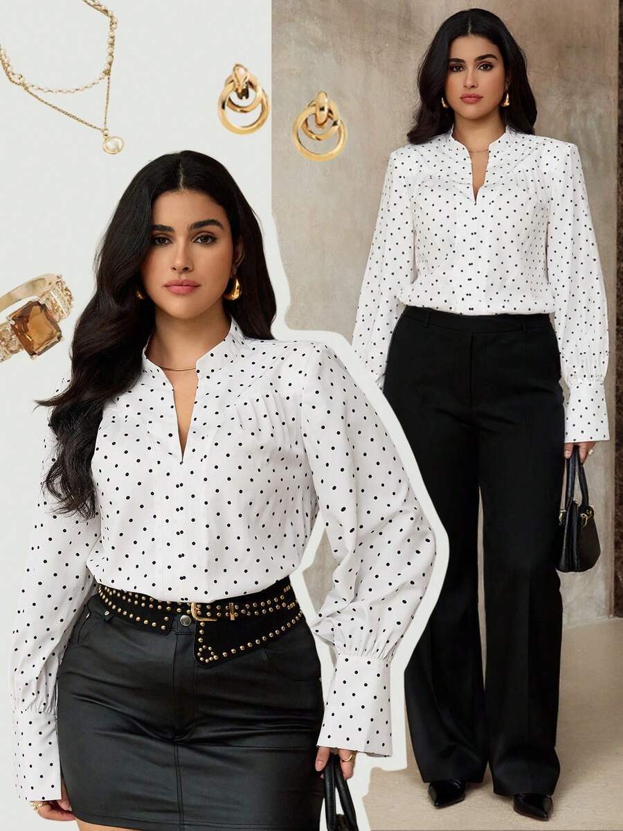 Roveilla 大码女式缺口领波尔卡圆点印花垫肩长袖衬衫波尔卡圆点衬衫长袖衬衫办公室衬衫商务休闲衬衫女式衬衫 - 黑與白 - 查看 1