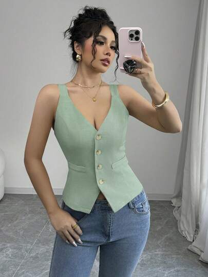 Elenzga Solid Color V-Neck Sleeveless Cami Top, Casual Simple Fashion For Everyday Wear