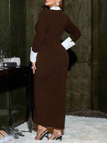 SHEIN Privé Plus Size Elegant Commuter Workplace Intellectual High-End Venue Refined Afternoon Tea Concert Teacher Dress Party Collared Shirt Collar Black And White Contrast Long Sleeve Zipper High Slit Bodycon Dress, Suitable For Holiday, New Year, Party, Elegant Office Fairy Dress Plus Size Brown Dress Brown Elegant Dress Women Curve Elegant Dress Coffee Brown Dress, Party Dress, Prom Dress, Wedding - Brown - View 2