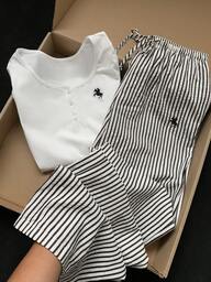 Comfortcana 2025 New Fall And Winter Women's Casual Embroidered Detail Button-Up Top And Striped Pants 2 Pieces Set, Autumn White Set Beach Outfits For Women Thanksgiving Outfit For Women New Year Women's Clothes Christmas Outfit For Women