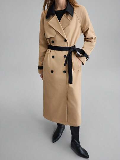 Ontre Women's Dual-Tone Contrast Design Khaki Black High-Quality Fabric Raglan Sleeve Oversized Collar Double-Breasted Decorative Versatile Four-Season Essential Sophisticated Urban Casual Business Formal Office Wear Low-Key Vintage Elegant Quality Airport Fashion Chic Minimalist Stylish Trench Coat Women Coats Jackets For Women Casual Outerwear Women Trench Coat Women Street-Cool, High-End, Simple, Cool Motorcycle Style Workwear