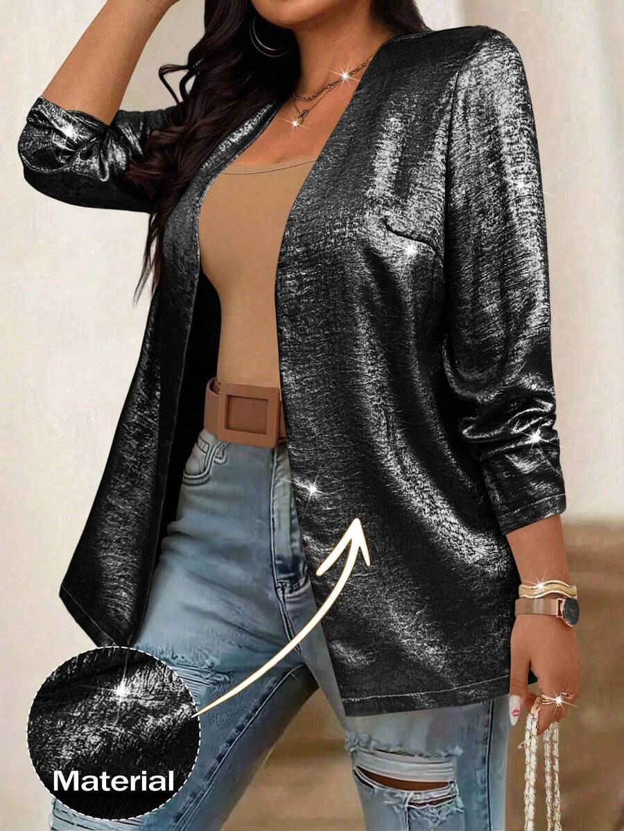 EMERY ROSE Plus Size Women Solid Color Casual Party Versatile Blazer - Black - View 1