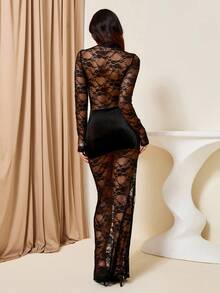 Lyxana Women's Stand Collar Lace Patchwork Design Long Dress - Black - View 2