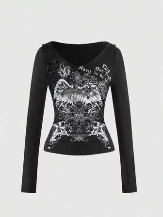 Grunge Punk Felpa con cappuccio aderente con scollo a V, decorata con strass, con stampa a croce e vite, in stile Y2K sexy