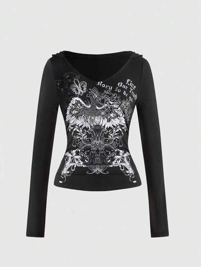 Grunge Punk Camiseta con capucha ajustada con escote en V, estampado de cruz y vid, y adornos de rhinestone, estilo Y2K sexy