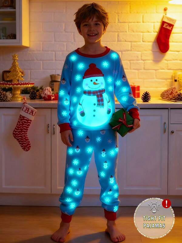 Boys' Christmas Glow-In-The-Dark Snowman & Snowflake Print Pajama Set, Soft Knit Elastic Fabric Long Sleeve Top & Pants, Comfortable Sleepwear Snug Fit