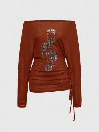 Grunge Punk Maglietta a maniche lunghe da donna stile punk con spalle scoperte, rivetti a croce, stile Kpop