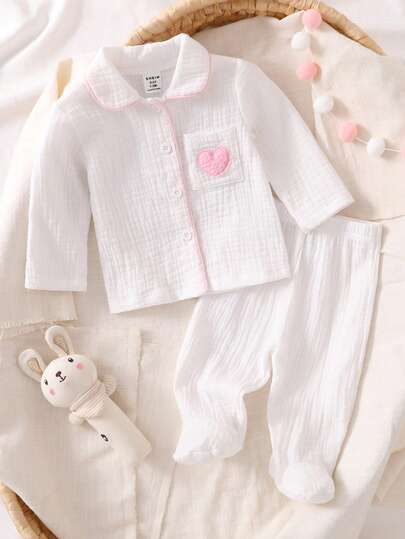 2pcs Newborn Baby Girls' Cute Pink Heart Pattern Crumpled Cloth Long Sleeve Top And Pants Casual Comfortable Cardigan  Pajama Set ,Newborn Baby Girl Clothes Suitable For Fall