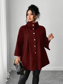 SHEIN Tall CURVE 优雅休闲的冬季大码女装羊毛面料 - 酒紅色 - 查看 4