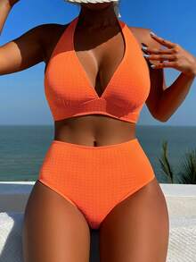 SHEIN Swim Solid Color Sexy Bikini Set, Special Fabric For Beach & Vacation - Orange - View 5