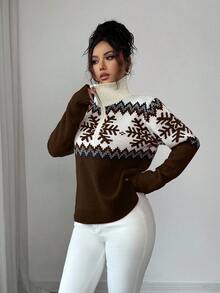 SHEIN Elenzya Suéter feminino elegante com zíper e estampa de blocos de cores Fair Isle, design natalino, outono/inverno - Castanho - Ver 1