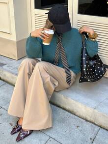 DAZY Damen Blumen Chiffon Loose Oversized Rundhalsausschnitt Langarm Formell Elegant Strickpullover, Herbst/Winter - Blau - Übersicht 5