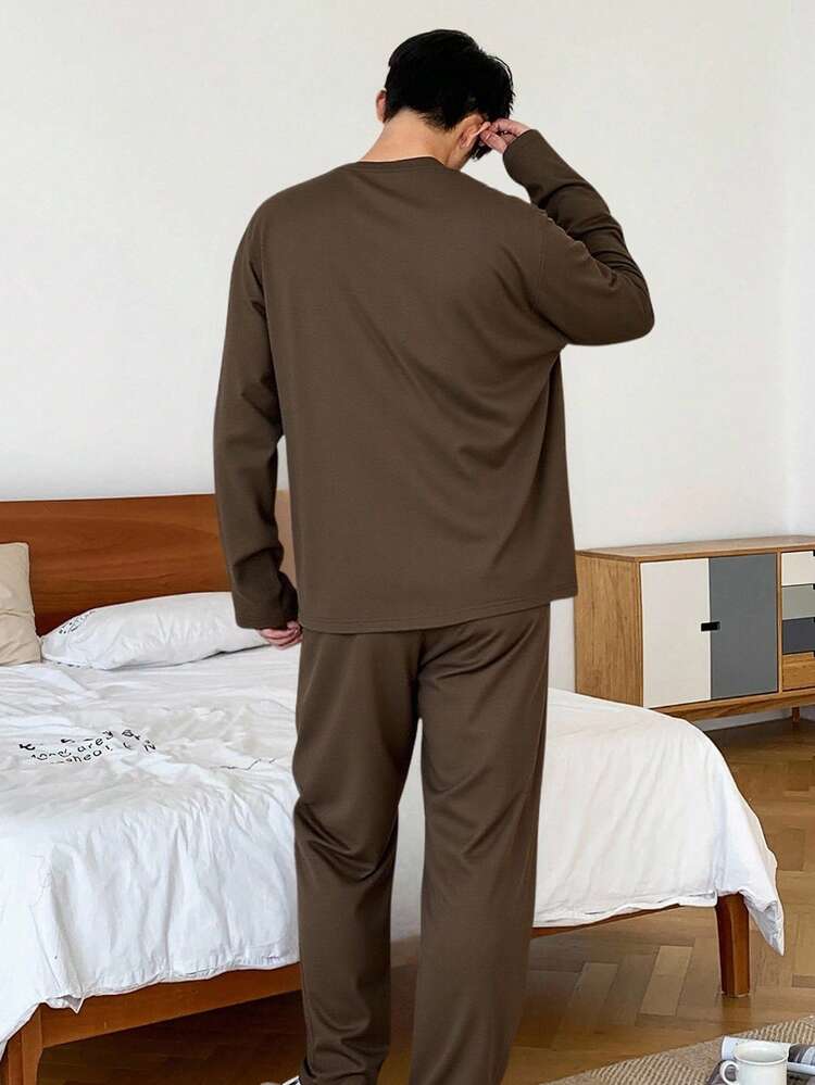 Men's Solid Color Letter Print Half-Button Design Top & Elastic Waist Loungewear Set, Autumn, Fall & Winter Clothes