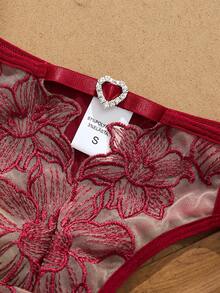 2件套女士优雅性感花卉刺绣网眼内衣套装 - 酒紅色 - 查看 6