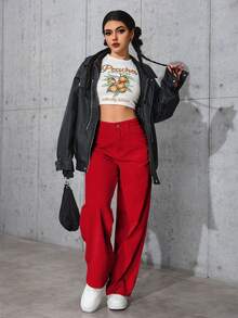 SHEIN PETITE Quần jean ống đứng dáng rộng màu trơn thường ngày có đai thắt lưng cho nữ - Đỏ - Xem 6