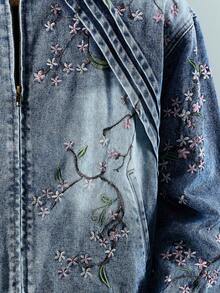 ROMWE MEN Street Life Veste en jean décontractée polyvalente à manches longues et encolure brodée pour hommes