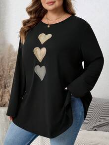 SHEIN CURVE+ Áo thun tay dài cổ tròn in hình trái tim cỡ lớn dành cho nữ - màu đen - Xem 6