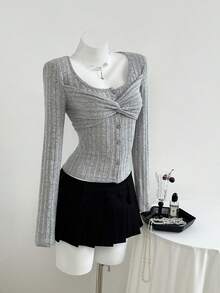 Elamini 1 件女士灰色罗纹扭结纽扣长袖 T 恤，秋冬休闲通勤装 - 淺灰色 - 查看 4