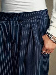 AXEPEAK 男士街头时尚宽松条纹印花裤，秋季 - 藏蓝色 - 查看 5