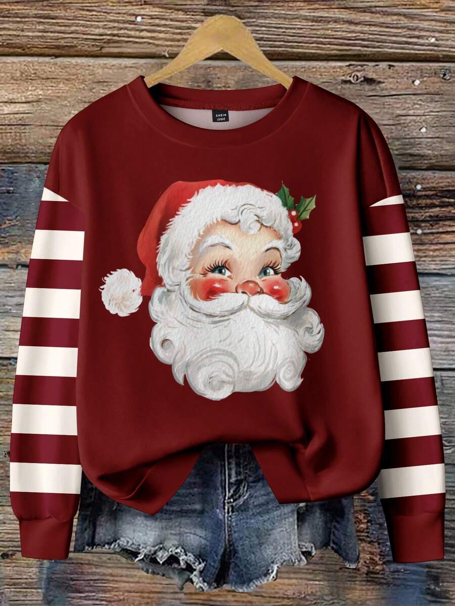 SHEIN LUNE 休闲复古舒适，红白条纹撞色袖圣诞老人印花图案，圆领宽松女式运动衫，秋冬舒适 - 彩色 - 查看 1