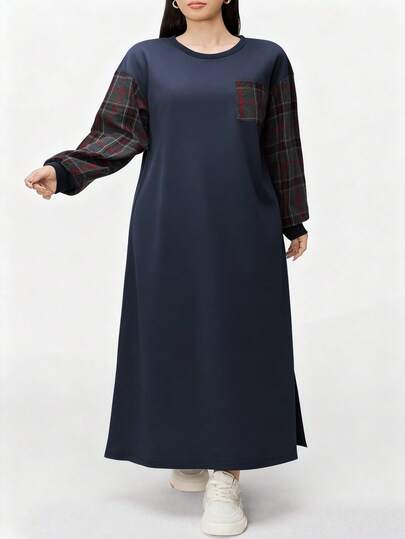 Modelyn Women's Casual Plaid Patchwork Long Dress, Autumn/Winter