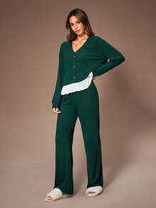 Lazeform Damen bequemer, lässiger Rüschen-Saum Loungewear Set in Grün, Langarm-Top & Hose Loungewear Set, Herbst- & Winterkleidung