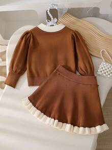 SHEIN Baby Girls Sweater Co-Ords, Cute 3D Bow Ruffle Trim Knit Sweater Set, Loose Versatile Cardigan + Skirt 2 Pieces Outfit, Long Sleeve Knitted Sweater Set, Suitable For Daily Wear, Travel, Outings In Autumn/Winter Autumn And Winter Two Piece Suit Baby Girl Clothes Brown Baby Girl Dress Baby Girl Clothes Spring Fall Baby Girl Dress Preppy Two Piece Set - Brown - View 2