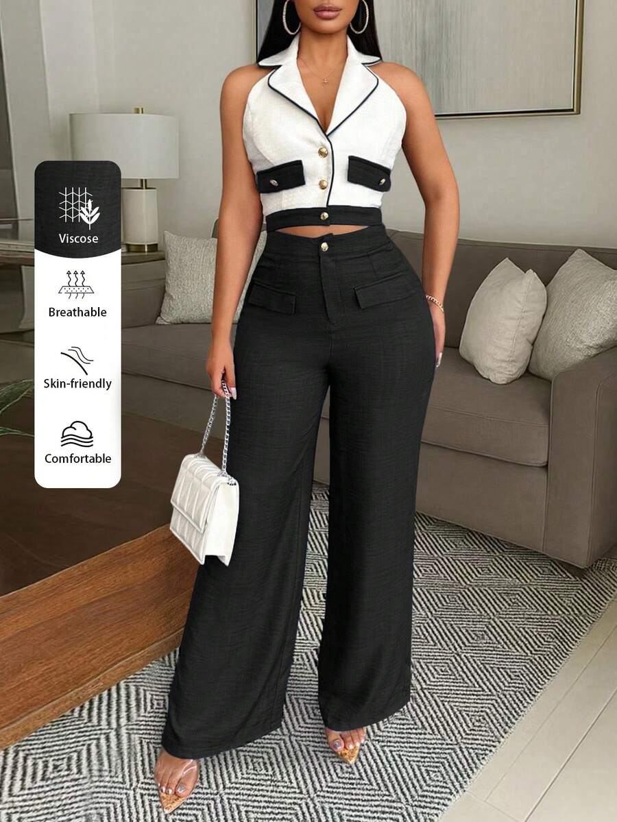 Vavine Elegant Business Casual Women's Suit Set In Tweed Fabric, Contrasting Lapel Slim Sexy Vest With Metal Buttons And Textured Stretch-Waist Leisure Pants, Black Set, Contrast Elegant Set, Sleeveless Top And Textured Long Pants Women's Casual Two-Piece, Perfect For Work/Office, Minimalist Office Style. - Black and White - View 1