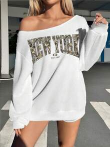 SHEIN EZwear Áo nỉ dài tay rộng rãi, thường ngày, hở vai, phong cách New York cổ điển, họa tiết ngụy trang mùa thu, phù hợp cho mùa thu/đông - trắng - Xem 4