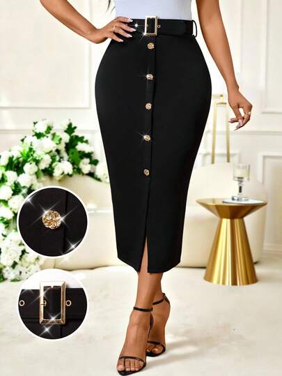 SHEIN Lady Saia feminina elegante para trabalho, cor sólida, com botões frontais