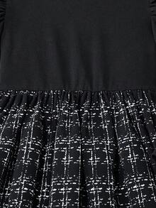 SHEIN 少女优雅休闲针织立领连衣裙，仿珍珠泡泡袖，腰带，秋冬 - 黑與白 - 查看 7