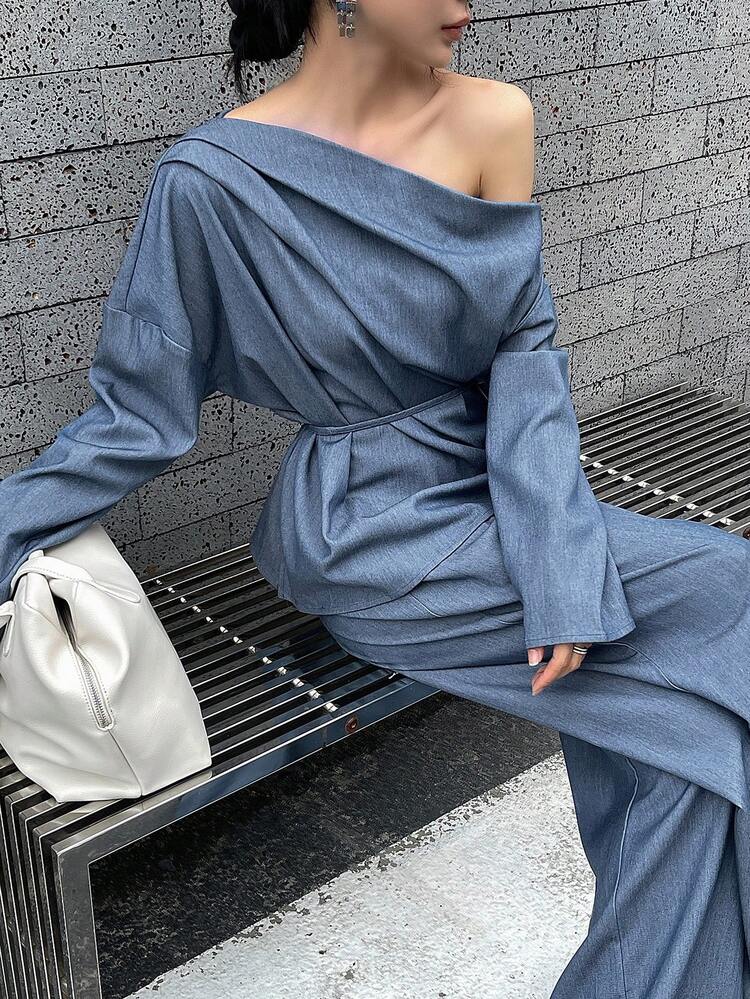 Women's Tie-Front Oblique Shoulder Long Sleeve Top And Wide Leg Pants 2 Pieces Casual Set