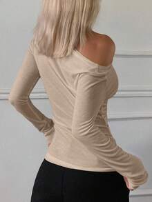 DAZY Women's Elegant City Casual Slim Fit Off Shoulder Long Sleeve T-Shirt - Khaki - View 5