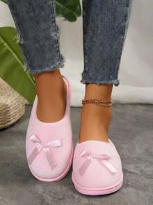 Mujer felpa suave lazo decorativo punta redonda sin cordones suela baja estilo hogareño otoño invierno descanso pantuflas - Rosa - Ver 3