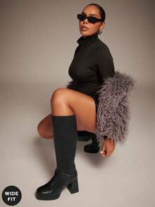 SHUZIA 女式宽筒时尚舒适粗跟及膝靴，带金属扣装饰 - 黑色 - 查看 1