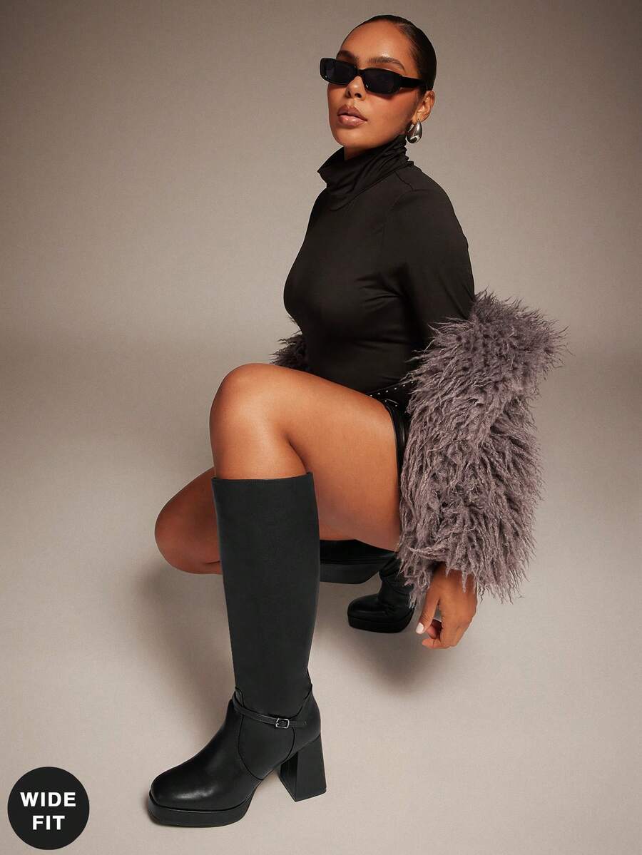 SHUZIA 女式宽筒时尚舒适粗跟及膝靴，带金属扣装饰 - 黑色 - 查看 1