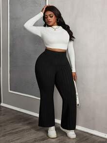 SHEIN PETITE CURVE Women's Plus Size Solid Color Flared Pants With Slit - Black - View 4