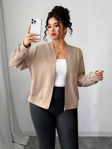 SHEIN Tall CURVE Plus Size Women Casual Stand Collar Zip-Up Jacket - Khaki - View 4