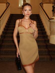 Glamine Charm Women's Dresses, Woven Dress, Leather Strap Mini Skirt, Leather & Woven Patchwork Dress, Sleeveless Dress Corset Midi Dress Earth Tone Dress - Yellow - View 8