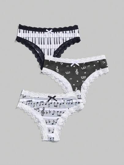 J-Fashion 3pcs Women's Underwire, Musical Note & Letter Lace Panty Set