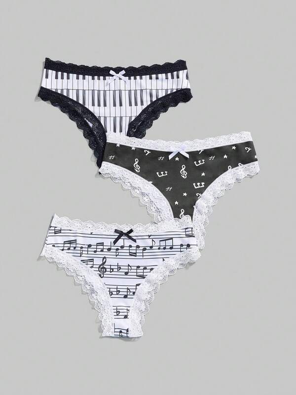 ROMWE J-Fashion 3pcs Women's Underwire, Musical Note & Letter Lace Panty Set