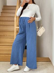 SHEIN Maternity Casual Versatile Wide-Leg Pants, Women's Wide-Leg Pants, Linen Wide-Leg Pants, Blue, Waist Tie  Women's Winter Clothes  Winter Clothing Wide Leg Pants Set Maternity 2 Piece Set Maternity Wide Leg Pants Maternity Clothes Pants Pregnancy Pants