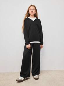 Ensemble 2 en 1 pour préadolescentes avec sweat-shirt à manches longues bicolore et pantalon de couleur unie