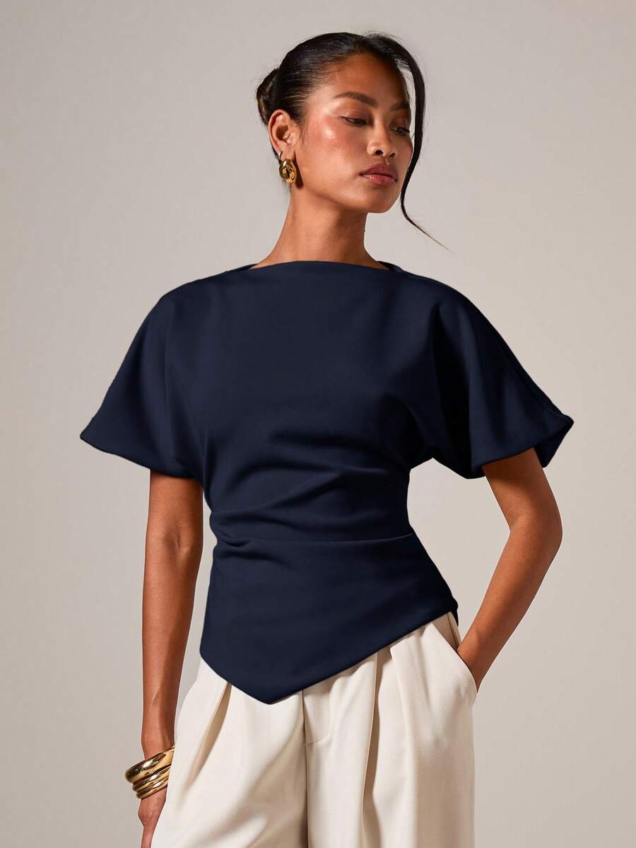 COSMINA Women's Elegant Ruched Round Neck T-Shirt, Suitable For All Seasons - Navy Blue - View 1